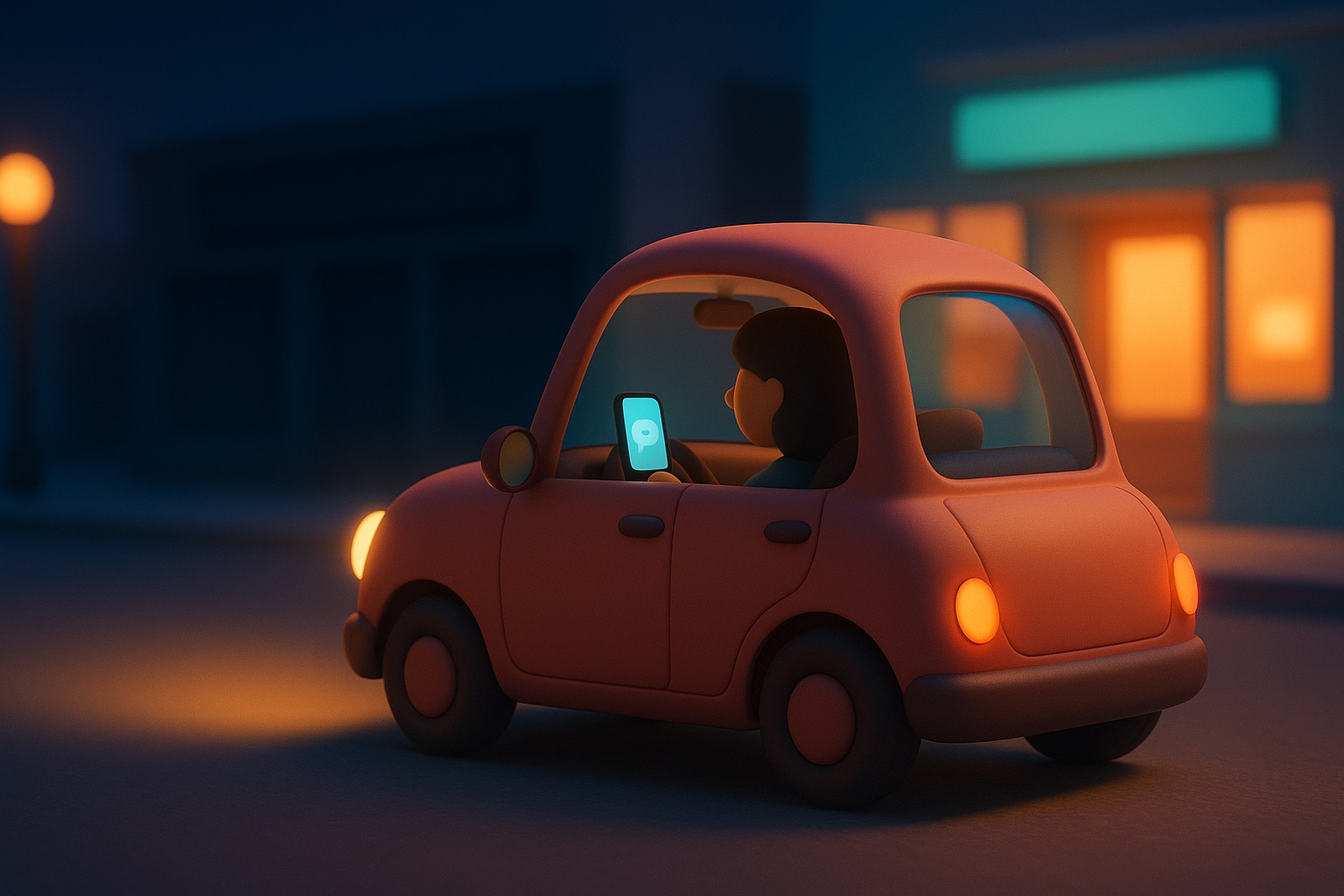 Mamá manejando de noche buscando una papelería abierta